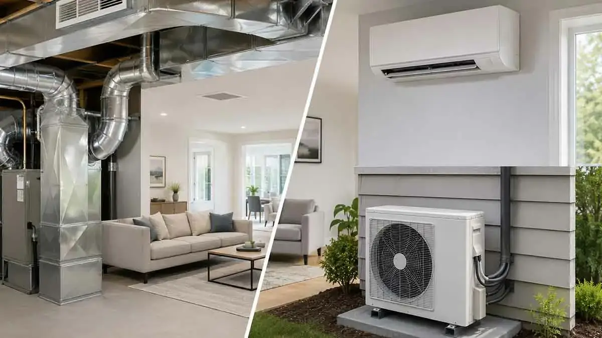 Central air conditioning compared with a ductless mini-split system