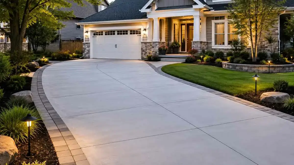 Improved residential driveway with landscaping and lighting