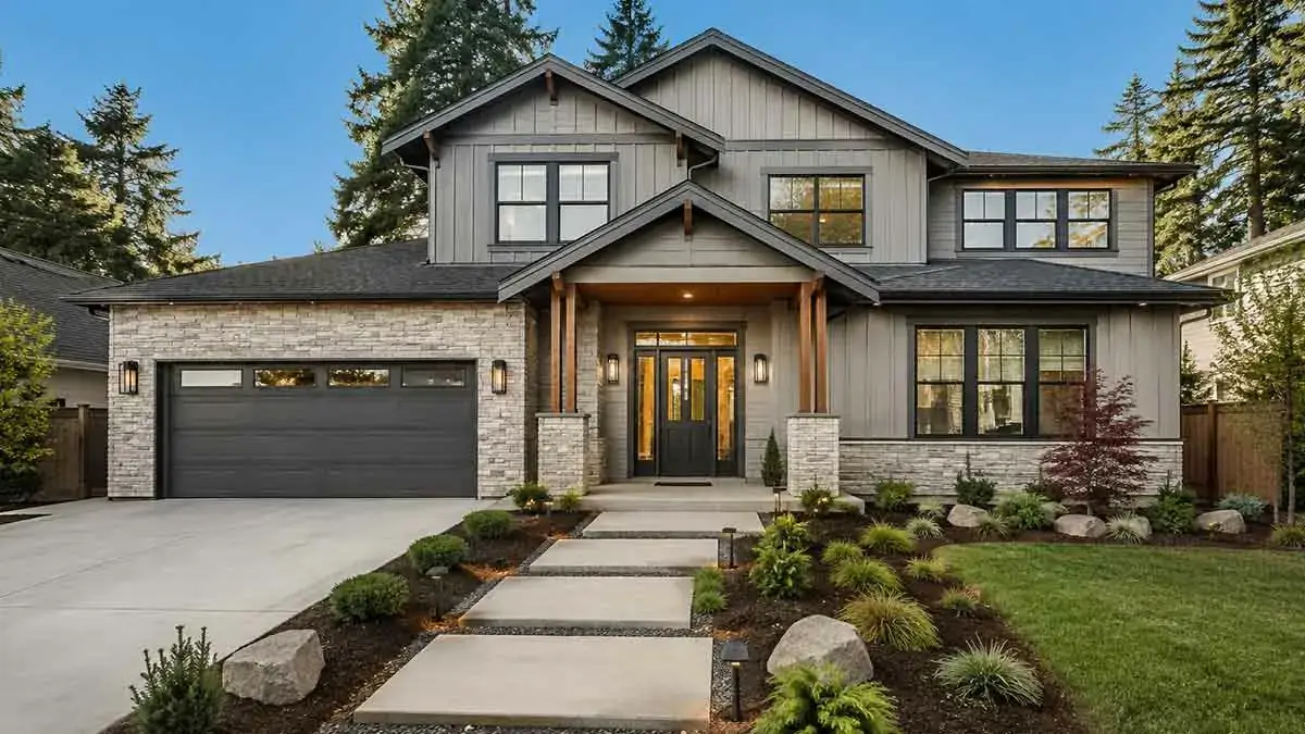 Modern exterior home remodel with updated siding and landscaping