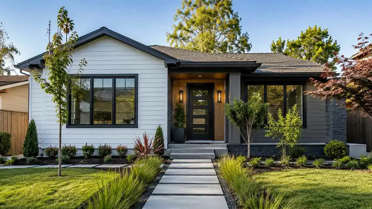 Exterior home renovation with updated siding and landscaping