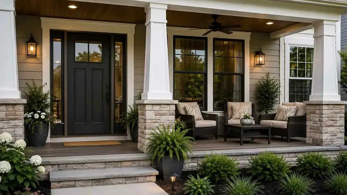 Improved front porch with seating, lighting, and planters