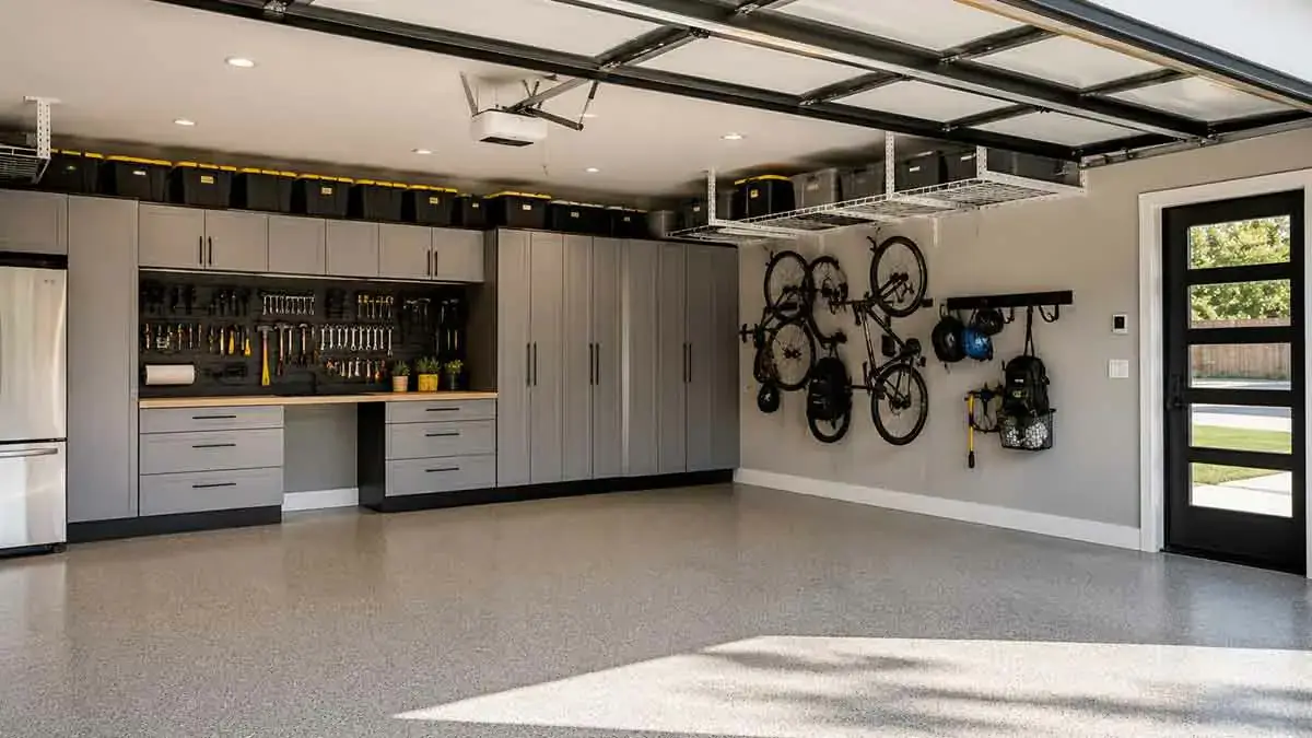Clean and organized garage with storage and workbench