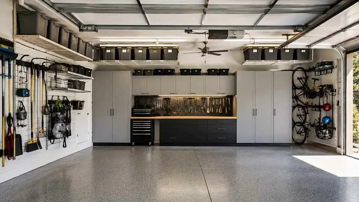 Organized garage with wall storage, shelves, and labeled bins