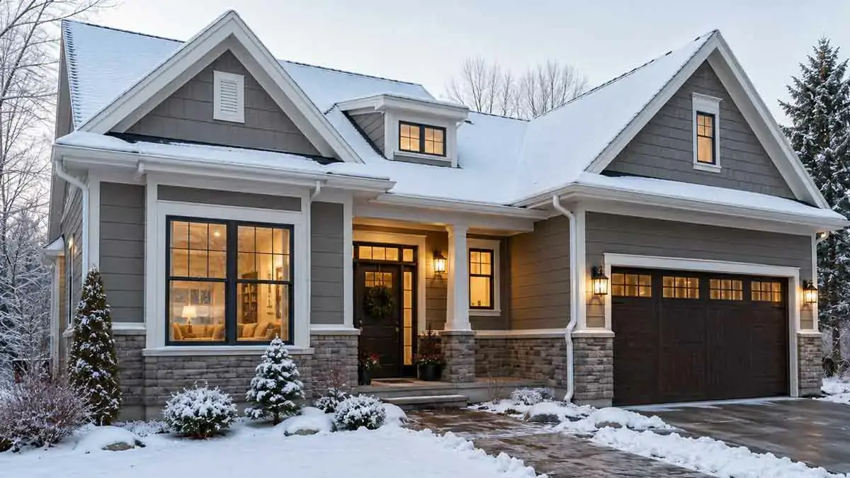 Home prepared for winter with clean roof gutters and sealed windows