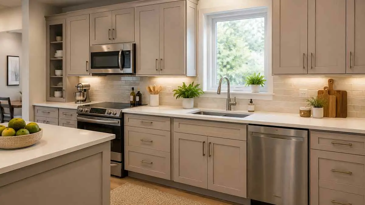 Upgraded kitchen cabinets with modern hardware and storage