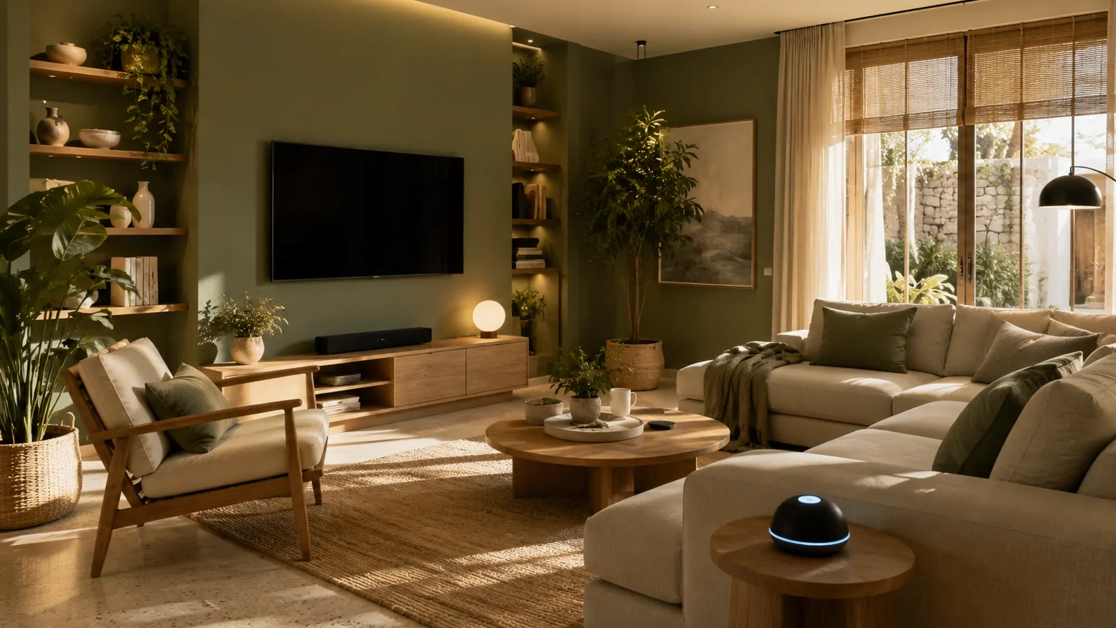 Modern cozy living room with smart home technology
