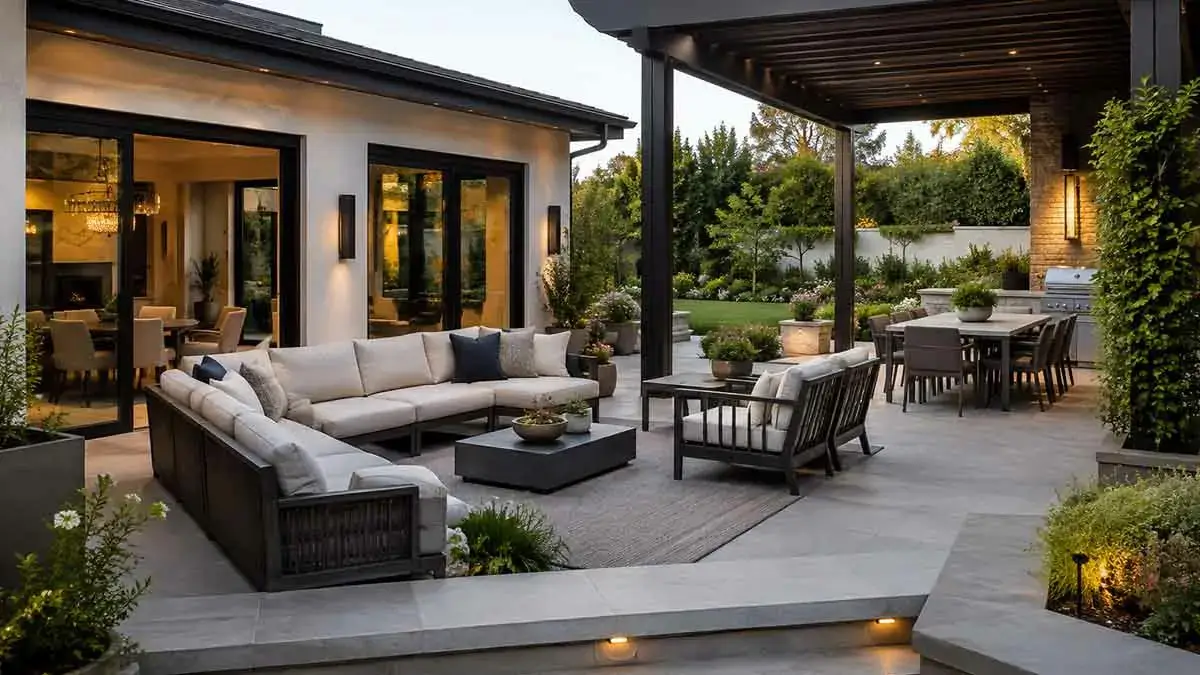 Modern outdoor living space with patio seating and pergola