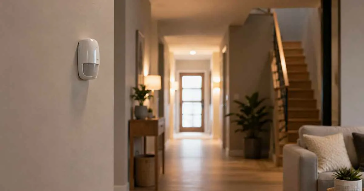 Smart home motion sensor in a modern hallway